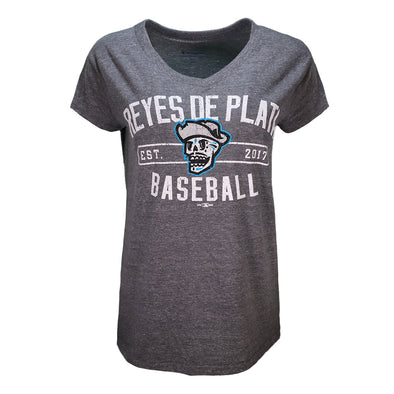 Women's Las Vegas Reyes de Plata Champion RDP Baseball Est. 2017 Gray V-Neck Short Sleeve T-Shirt