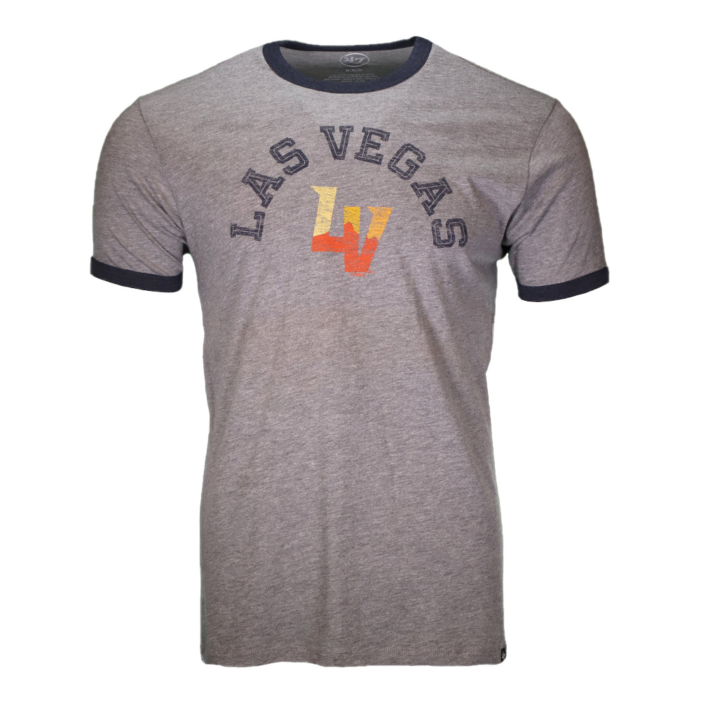 Men's Las Vegas Aviators '47 Brand Las Vegas Arched LV Free Style Ringer Gray/Navy Short Sleeve T-Shirt XL