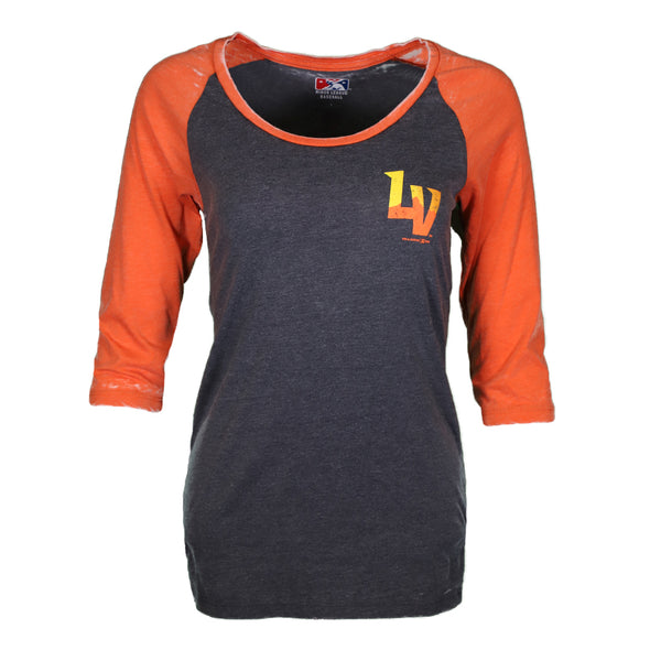 Women's Las Vegas Aviators New Era LV Burnout Wash Gray/Orange Raglan 3/4 Sleeve T-Shirt