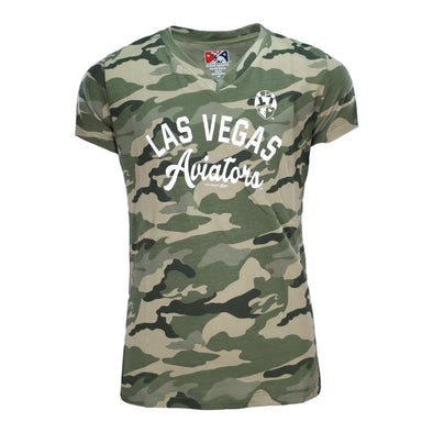 Girls' Las Vegas Aviators New Era Armed Forces Day Las Vegas Arched/Aviators Script Brushed Camo V-Neck Short Sleeve T-Shirt